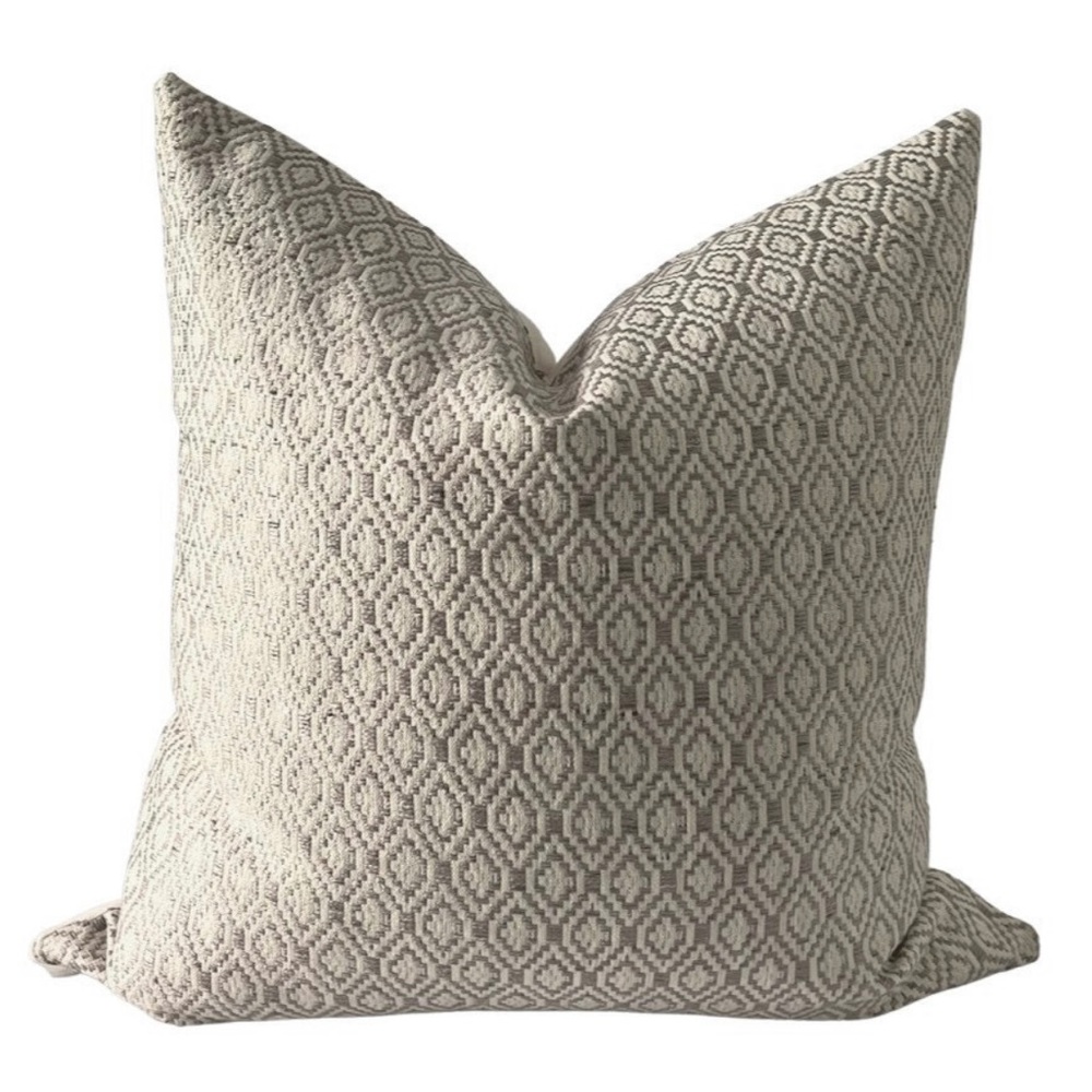 20”x20” Grey and Ivory woven textile pillow cover featuring a diamond pattern.